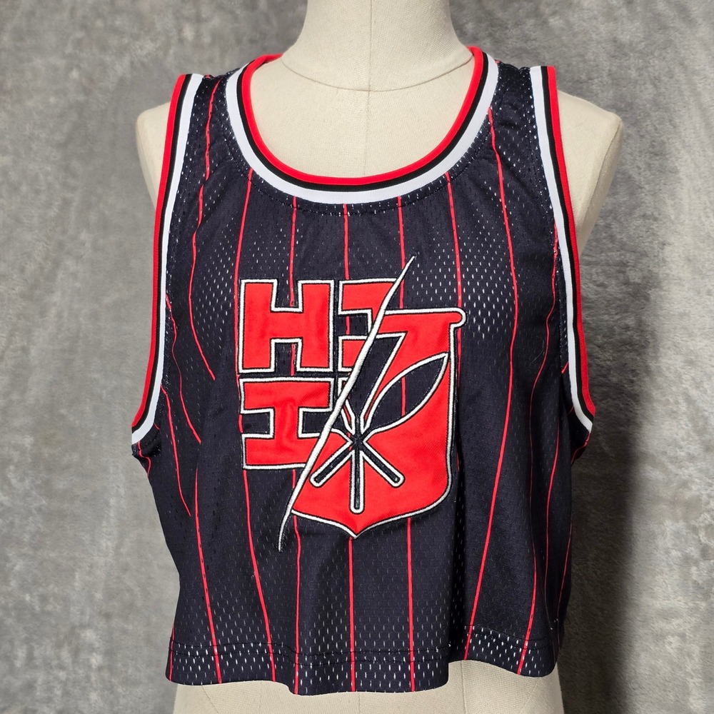 HI FINEST Size L Cropped Jersey Tank Top Black Red Pinstripe Athletic Gym - Picture 2 of 11